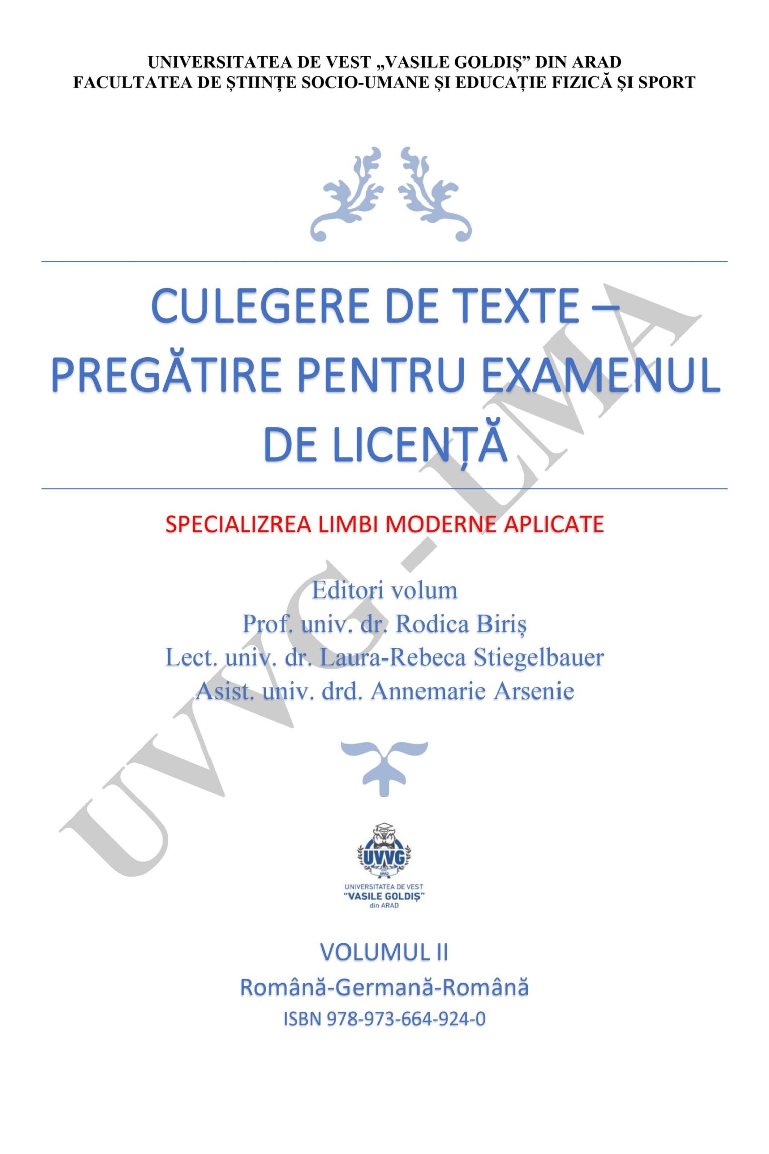 Culegere de texte pregătire pentru examenul de licență. Specializarea Limbi Moderne Aplicate. Volumul II. Română- Germană-Română